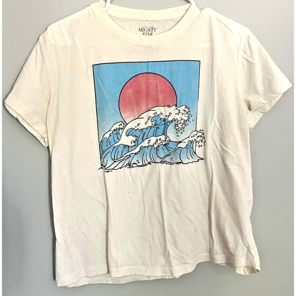 Vtg Mighty Fine Shirt Womens XL White Wave Sunset Graphic Tee T-Shirt Top Casual